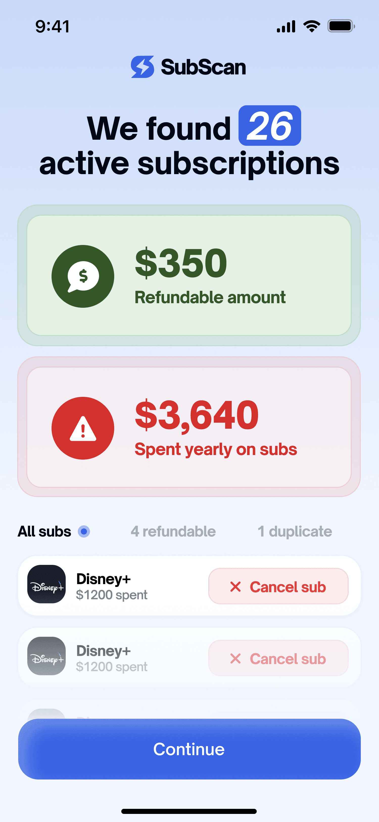 Subscan app showing active subscriptions and refundable amount